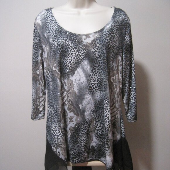 Brittany Black Tops - Brittany Black Womens Gray 3/4 Sleeve Animal Print Shirt Sparkle Dots Size Large